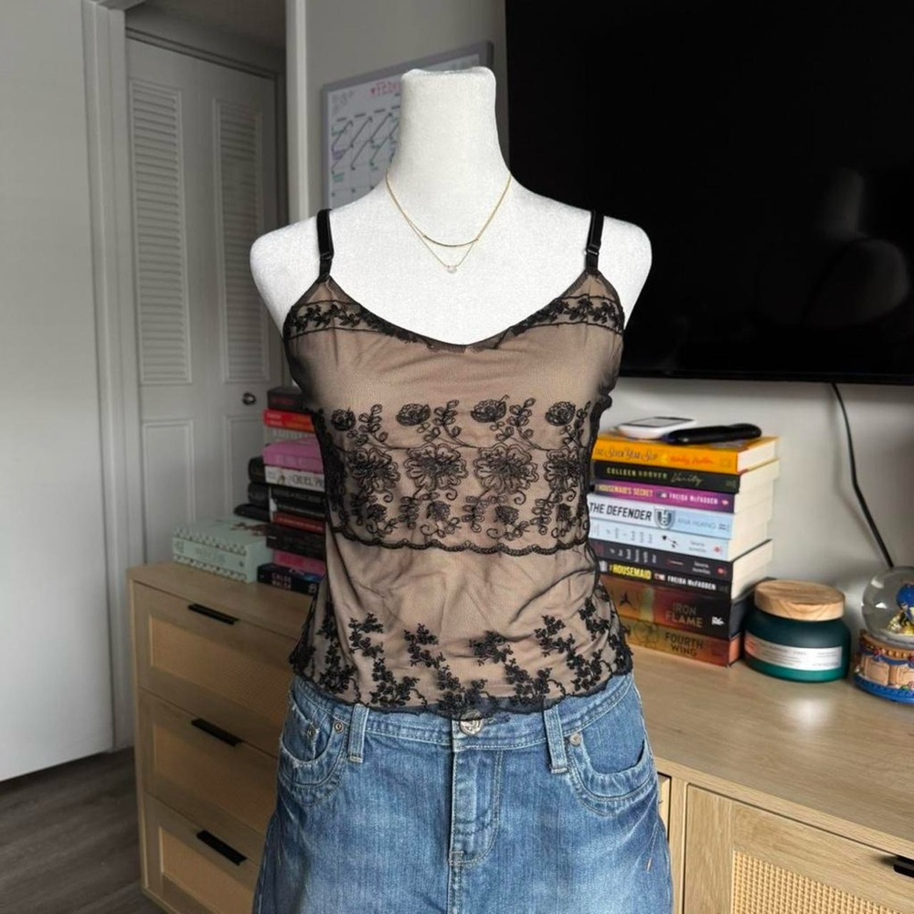 y2k self esteem nude cami top with black lace overlay